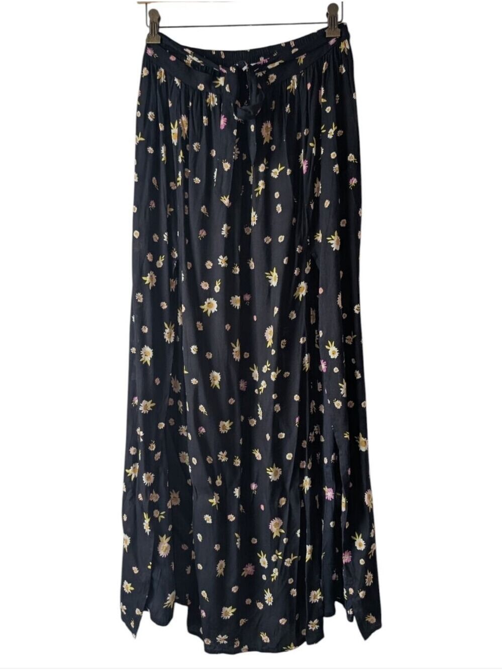 M • Patrons of Peace • Black Maxi Skirt with Yellow and Pink Floral Print
